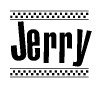The clipart image displays the text Jerry in a bold, stylized font. It is enclosed in a rectangular border with a checkerboard pattern running below and above the text, similar to a finish line in racing. 