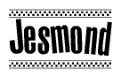 The clipart image displays the text Jesmond in a bold, stylized font. It is enclosed in a rectangular border with a checkerboard pattern running below and above the text, similar to a finish line in racing. 