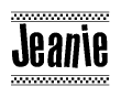 The clipart image displays the text Jeanie in a bold, stylized font. It is enclosed in a rectangular border with a checkerboard pattern running below and above the text, similar to a finish line in racing. 