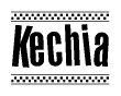 The image is a black and white clipart of the text Kechia in a bold, italicized font. The text is bordered by a dotted line on the top and bottom, and there are checkered flags positioned at both ends of the text, usually associated with racing or finishing lines.