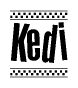 The image contains the text Kedi in a bold, stylized font, with a checkered flag pattern bordering the top and bottom of the text.