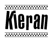 The image contains the text Kieran in a bold, stylized font, with a checkered flag pattern bordering the top and bottom of the text.