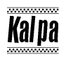The image is a black and white clipart of the text Kalpa in a bold, italicized font. The text is bordered by a dotted line on the top and bottom, and there are checkered flags positioned at both ends of the text, usually associated with racing or finishing lines.