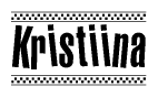 The image is a black and white clipart of the text Kristiina in a bold, italicized font. The text is bordered by a dotted line on the top and bottom, and there are checkered flags positioned at both ends of the text, usually associated with racing or finishing lines.