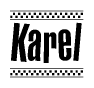 The clipart image displays the text Karel in a bold, stylized font. It is enclosed in a rectangular border with a checkerboard pattern running below and above the text, similar to a finish line in racing. 