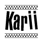 The image is a black and white clipart of the text Karii in a bold, italicized font. The text is bordered by a dotted line on the top and bottom, and there are checkered flags positioned at both ends of the text, usually associated with racing or finishing lines.