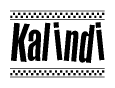 The image contains the text Kalindi in a bold, stylized font, with a checkered flag pattern bordering the top and bottom of the text.