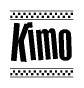 The image contains the text Kimo in a bold, stylized font, with a checkered flag pattern bordering the top and bottom of the text.
