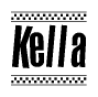 The image contains the text Kella in a bold, stylized font, with a checkered flag pattern bordering the top and bottom of the text.
