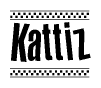 The image is a black and white clipart of the text Kattiz in a bold, italicized font. The text is bordered by a dotted line on the top and bottom, and there are checkered flags positioned at both ends of the text, usually associated with racing or finishing lines.