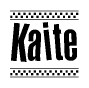 The image is a black and white clipart of the text Kaite in a bold, italicized font. The text is bordered by a dotted line on the top and bottom, and there are checkered flags positioned at both ends of the text, usually associated with racing or finishing lines.