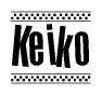 The image is a black and white clipart of the text Keiko in a bold, italicized font. The text is bordered by a dotted line on the top and bottom, and there are checkered flags positioned at both ends of the text, usually associated with racing or finishing lines.