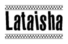 The image contains the text Lataisha in a bold, stylized font, with a checkered flag pattern bordering the top and bottom of the text.