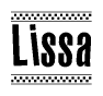 The image is a black and white clipart of the text Lissa in a bold, italicized font. The text is bordered by a dotted line on the top and bottom, and there are checkered flags positioned at both ends of the text, usually associated with racing or finishing lines.