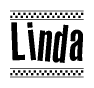 The image is a black and white clipart of the text Linda in a bold, italicized font. The text is bordered by a dotted line on the top and bottom, and there are checkered flags positioned at both ends of the text, usually associated with racing or finishing lines.