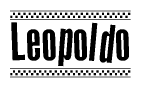 The image is a black and white clipart of the text Leopoldo in a bold, italicized font. The text is bordered by a dotted line on the top and bottom, and there are checkered flags positioned at both ends of the text, usually associated with racing or finishing lines.