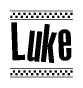 The clipart image displays the text Luke in a bold, stylized font. It is enclosed in a rectangular border with a checkerboard pattern running below and above the text, similar to a finish line in racing. 