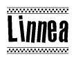 The image is a black and white clipart of the text Linnea in a bold, italicized font. The text is bordered by a dotted line on the top and bottom, and there are checkered flags positioned at both ends of the text, usually associated with racing or finishing lines.