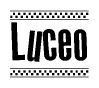 The image is a black and white clipart of the text Luceo in a bold, italicized font. The text is bordered by a dotted line on the top and bottom, and there are checkered flags positioned at both ends of the text, usually associated with racing or finishing lines.