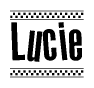 The image contains the text Lucie in a bold, stylized font, with a checkered flag pattern bordering the top and bottom of the text.