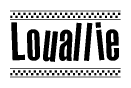 The clipart image displays the text Louallie in a bold, stylized font. It is enclosed in a rectangular border with a checkerboard pattern running below and above the text, similar to a finish line in racing. 