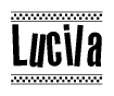 The image contains the text Lucila in a bold, stylized font, with a checkered flag pattern bordering the top and bottom of the text.