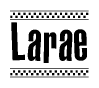 The image contains the text Larae in a bold, stylized font, with a checkered flag pattern bordering the top and bottom of the text.