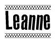 The image contains the text Leanne in a bold, stylized font, with a checkered flag pattern bordering the top and bottom of the text.