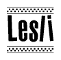 The clipart image displays the text Lesli in a bold, stylized font. It is enclosed in a rectangular border with a checkerboard pattern running below and above the text, similar to a finish line in racing. 