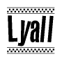 The image contains the text Lyall in a bold, stylized font, with a checkered flag pattern bordering the top and bottom of the text.