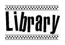 The clipart image displays the text Library in a bold, stylized font. It is enclosed in a rectangular border with a checkerboard pattern running below and above the text, similar to a finish line in racing. 
