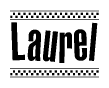 The image contains the text Laurel in a bold, stylized font, with a checkered flag pattern bordering the top and bottom of the text.