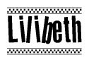 The clipart image displays the text Lilibeth in a bold, stylized font. It is enclosed in a rectangular border with a checkerboard pattern running below and above the text, similar to a finish line in racing. 