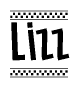 The image contains the text Lizz in a bold, stylized font, with a checkered flag pattern bordering the top and bottom of the text.