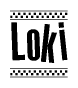 The image is a black and white clipart of the text Loki in a bold, italicized font. The text is bordered by a dotted line on the top and bottom, and there are checkered flags positioned at both ends of the text, usually associated with racing or finishing lines.