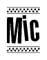 The image is a black and white clipart of the text Mic in a bold, italicized font. The text is bordered by a dotted line on the top and bottom, and there are checkered flags positioned at both ends of the text, usually associated with racing or finishing lines.