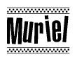 The image is a black and white clipart of the text Muriel in a bold, italicized font. The text is bordered by a dotted line on the top and bottom, and there are checkered flags positioned at both ends of the text, usually associated with racing or finishing lines.