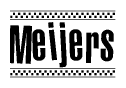 The image contains the text Meijers in a bold, stylized font, with a checkered flag pattern bordering the top and bottom of the text.