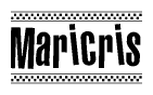 The image is a black and white clipart of the text Maricris in a bold, italicized font. The text is bordered by a dotted line on the top and bottom, and there are checkered flags positioned at both ends of the text, usually associated with racing or finishing lines.