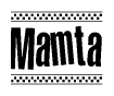 The image is a black and white clipart of the text Mamta in a bold, italicized font. The text is bordered by a dotted line on the top and bottom, and there are checkered flags positioned at both ends of the text, usually associated with racing or finishing lines.