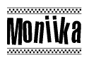The image contains the text Moniika in a bold, stylized font, with a checkered flag pattern bordering the top and bottom of the text.