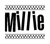 The image contains the text Millie in a bold, stylized font, with a checkered flag pattern bordering the top and bottom of the text.