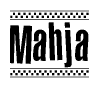 The image is a black and white clipart of the text Mahja in a bold, italicized font. The text is bordered by a dotted line on the top and bottom, and there are checkered flags positioned at both ends of the text, usually associated with racing or finishing lines.