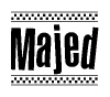 The clipart image displays the text Majed in a bold, stylized font. It is enclosed in a rectangular border with a checkerboard pattern running below and above the text, similar to a finish line in racing. 