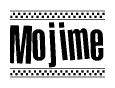 The image contains the text Mojime in a bold, stylized font, with a checkered flag pattern bordering the top and bottom of the text.