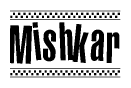 The image is a black and white clipart of the text Mishkar in a bold, italicized font. The text is bordered by a dotted line on the top and bottom, and there are checkered flags positioned at both ends of the text, usually associated with racing or finishing lines.