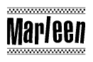 The image is a black and white clipart of the text Marleen in a bold, italicized font. The text is bordered by a dotted line on the top and bottom, and there are checkered flags positioned at both ends of the text, usually associated with racing or finishing lines.