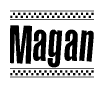 The image contains the text Magan in a bold, stylized font, with a checkered flag pattern bordering the top and bottom of the text.