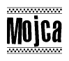 The clipart image displays the text Mojca in a bold, stylized font. It is enclosed in a rectangular border with a checkerboard pattern running below and above the text, similar to a finish line in racing. 