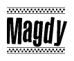 The clipart image displays the text Magdy in a bold, stylized font. It is enclosed in a rectangular border with a checkerboard pattern running below and above the text, similar to a finish line in racing. 